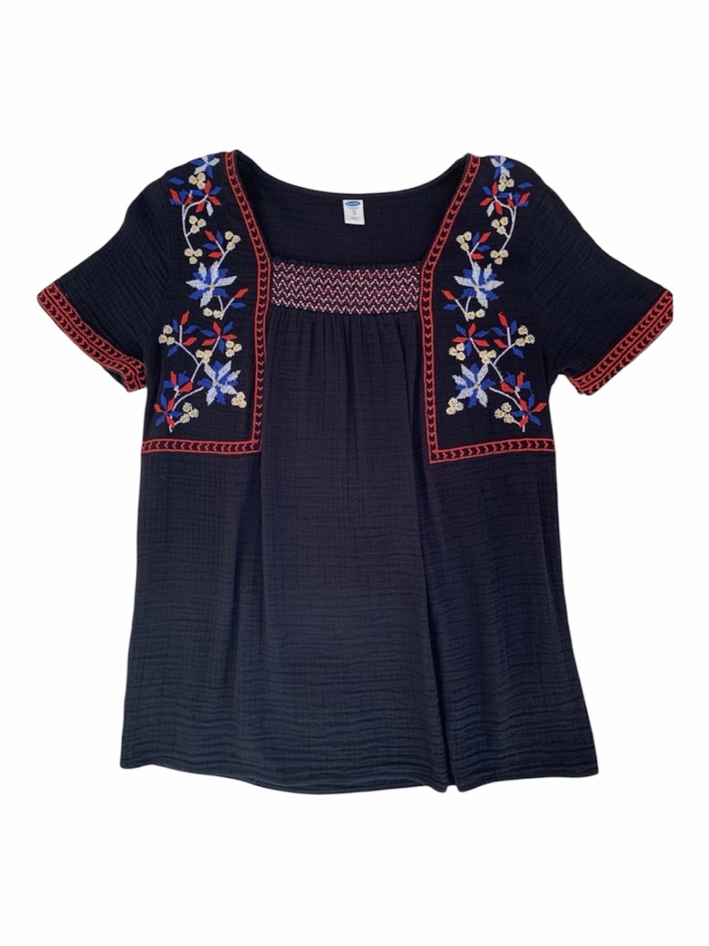 Old Navy Top Women XS Black Smocked Floral Embroidery Square Neck Short Sleeves